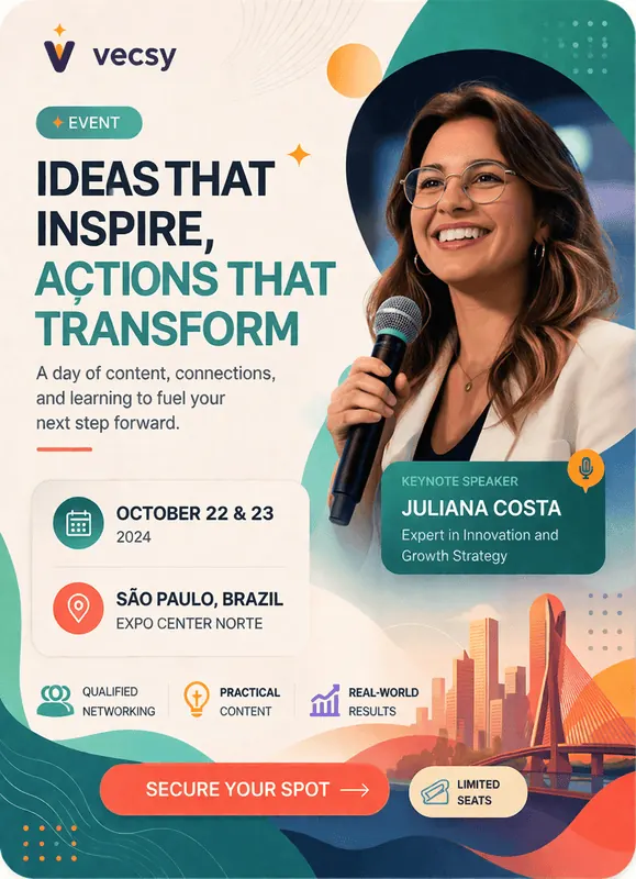 Keynote speaker card for a fictional event made with Vecsy, with the speaker's photo, name and specialty, the dates October 22 and 23 and the location in São Paulo