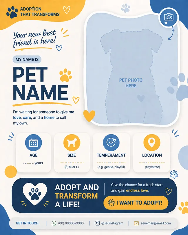 Pet adoption card template made with Vecsy, not yet filled in, with marked spaces for the pet's name, photo, age, size and temperament