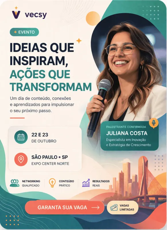 Card de palestrante de um evento fictício feito na Vecsy, com a foto, o nome e a especialidade da palestrante, as datas 22 e 23 de outubro e o local em São Paulo