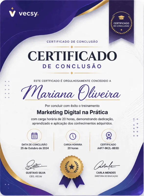 Certificado de conclusão de um curso fictício feito na Vecsy, com o nome da aluna, o nome do curso, a carga horária e a data de conclusão