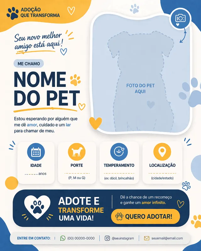 Modelo de card de adoção de um pet feito na Vecsy, ainda sem preencher, com os espaços marcados para o nome, a foto, a idade, o porte e o temperamento do animal