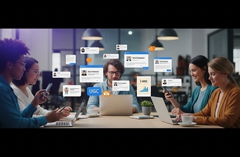 Uma imagem mostrando pessoas reais em ambientes cotidianos — como escritórios modernos, cafés, mesas de trabalho ou home office — interagindo com seus celulares e laptops 