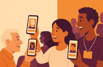 Capa do post com o título sobre a ilustração de uma plateia num evento, com três pessoas mostrando no celular o próprio card com a foto delas